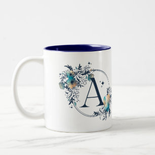 Caneca De Café Em Dois Tons Monograma Floral Místico - Letra A