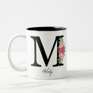 Caneca De Café Em Dois Tons Monograma Floral Personalizado Elegante