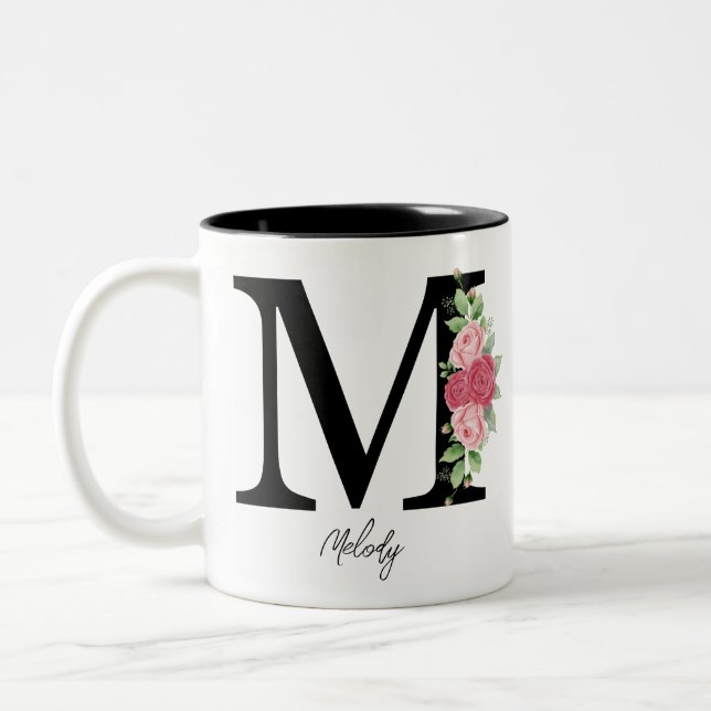 Caneca De Café Em Dois Tons Monograma Floral Personalizado Elegante (Esquerda)