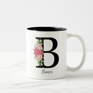 Caneca De Café Em Dois Tons Monograma Floral Personalizado Elegante Café Mug B