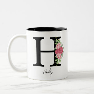 Caneca De Café Em Dois Tons Monograma Floral Personalizado Elegante Café Mug H