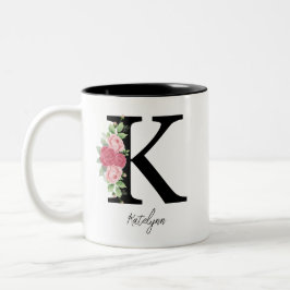 Caneca De Café Em Dois Tons Monograma Floral Personalizado Elegante Café Mug K