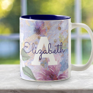 Caneca De Café Em Dois Tons Monograma floral, púrpura, cor azul-d-água
