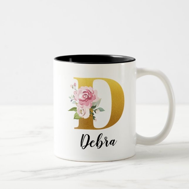 Caneca De Café Em Dois Tons Monograma Inicial de Nome com Flores Personalizada (Direita)