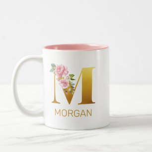 Caneca De Café Em Dois Tons Monograma Inicial Floral Botânico Personalizado