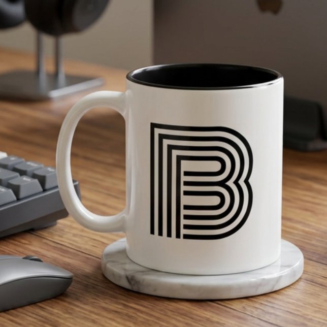 Caneca De Café Em Dois Tons Monograma Inicial Monogramada Preta Moderna Simple (Criador carregado)