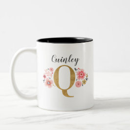 Caneca De Café Em Dois Tons Monograma - Letra Floral Inicial Cor-de-Rosa Q