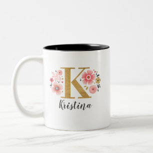 Caneca De Café Em Dois Tons Monograma - Letra Floral Inicial Rosa K