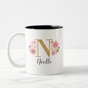 Caneca De Café Em Dois Tons Monograma - Letra Floral Inicial Rosa N