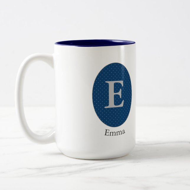 Caneca De Café Em Dois Tons Monograma Personalizado Azul Elegante (Esquerda)