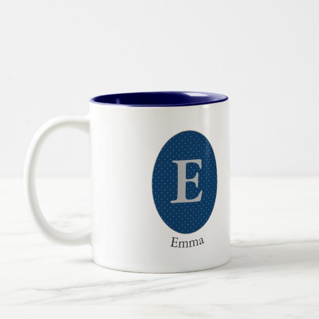 Caneca De Café Em Dois Tons Monograma Personalizado Azul Elegante (Esquerda)