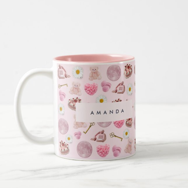 Caneca De Café Em Dois Tons Monograma Personalizado Coquette Rosa Moon Feminin (Esquerda)