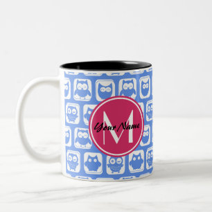 Caneca De Café Em Dois Tons Monograma Personalizado de Padrão de Coruja Azul C