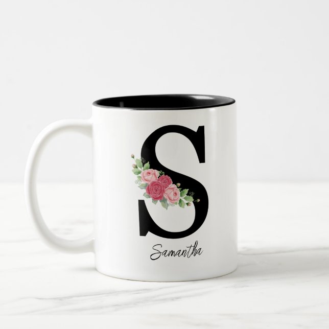 Caneca De Café Em Dois Tons Monograma Personalizado Floral Elegante (Esquerda)