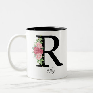 Caneca De Café Em Dois Tons Monograma Personalizado Floral Elegante