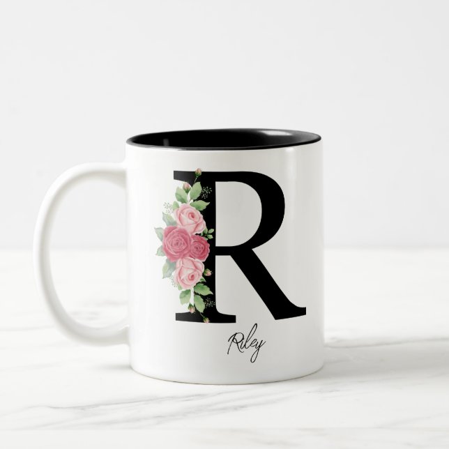 Caneca De Café Em Dois Tons Monograma Personalizado Floral Elegante (Esquerda)