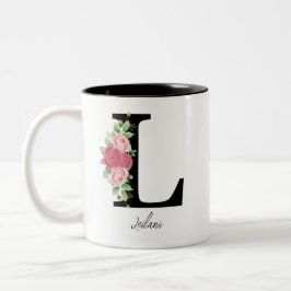 Caneca De Café Em Dois Tons Monograma Personalizado Floral Elegante