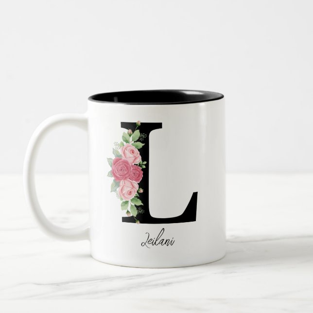 Caneca De Café Em Dois Tons Monograma Personalizado Floral Elegante (Esquerda)