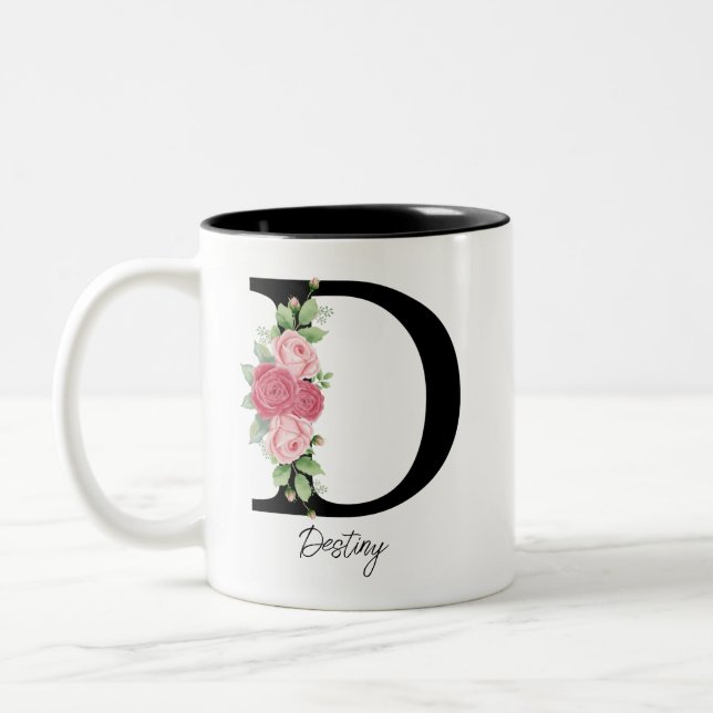 Caneca De Café Em Dois Tons Monograma Personalizado Floral Elegante (Esquerda)