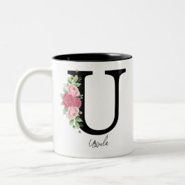 Caneca De Café Em Dois Tons Monograma Personalizado Floral Elegante
