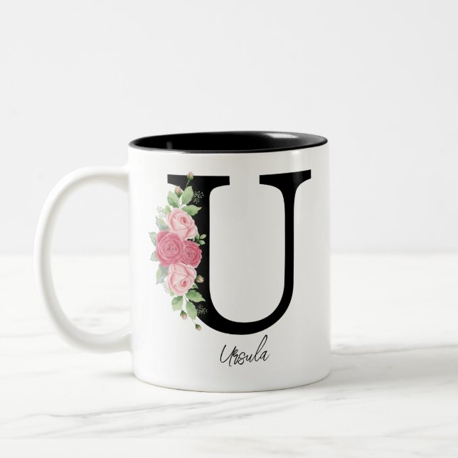 Caneca De Café Em Dois Tons Monograma Personalizado Floral Elegante (Esquerda)