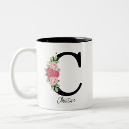 Caneca De Café Em Dois Tons Monograma Personalizado Floral Elegante Café Mug C