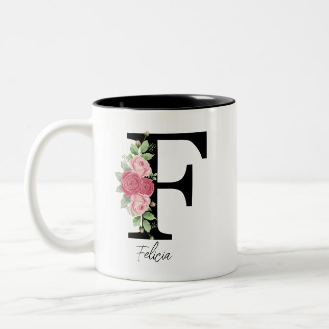 Caneca De Café Em Dois Tons Monograma Personalizado Floral Elegante Café Mug F (Esquerda)