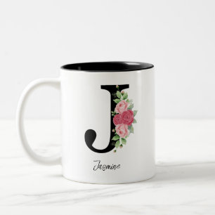 Caneca De Café Em Dois Tons Monograma Personalizado Floral Elegante Café Mug J