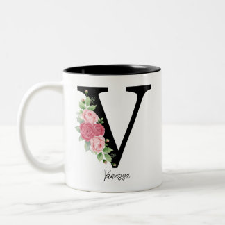 Caneca De Café Em Dois Tons Monograma Personalizado Floral Elegante Café Mug V