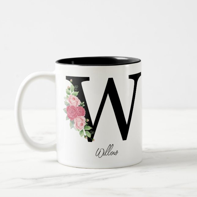 Caneca De Café Em Dois Tons Monograma Personalizado Floral Elegante Café Mug W (Esquerda)