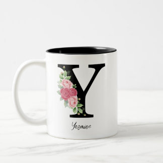Caneca De Café Em Dois Tons Monograma Personalizado Floral Elegante Café Mug Y