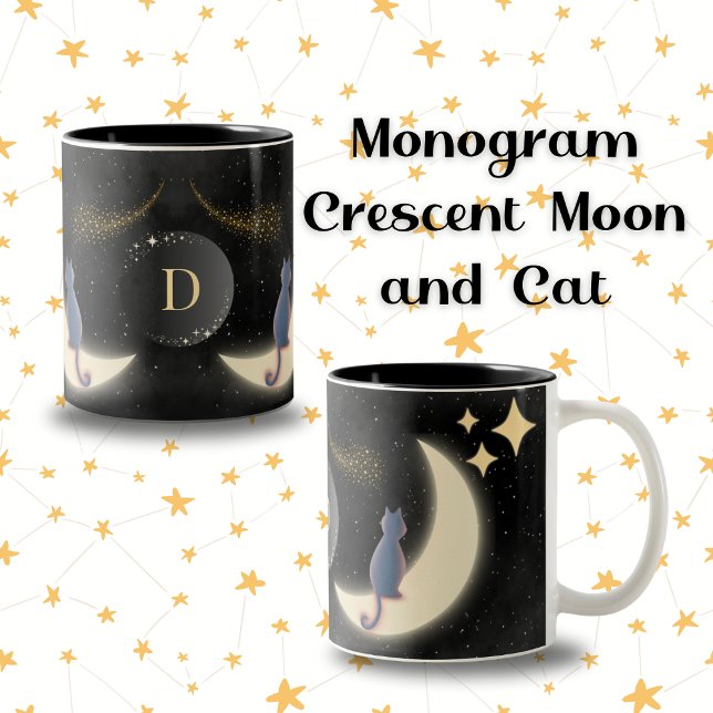 Caneca De Café Em Dois Tons Monograma Personalizado Gato e Lua Crescente (Criador carregado)