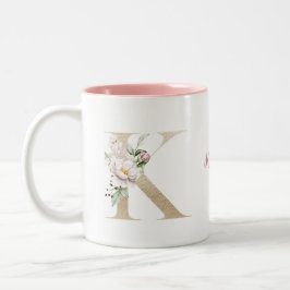 Caneca De Café Em Dois Tons Monograma Personalizado Letra Dourada K Floral Ros