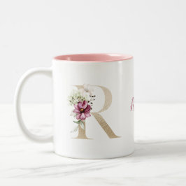 Caneca De Café Em Dois Tons Monograma Personalizado Letra Ouro R Floral Rosa 