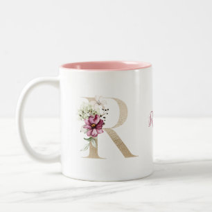 Caneca De Café Em Dois Tons Monograma Personalizado Letra Ouro R Floral Rosa