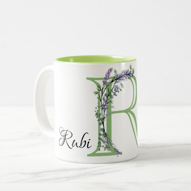 Caneca De Café Em Dois Tons Monograma R Lavanda Eucalyptus (Frente Esquerda)