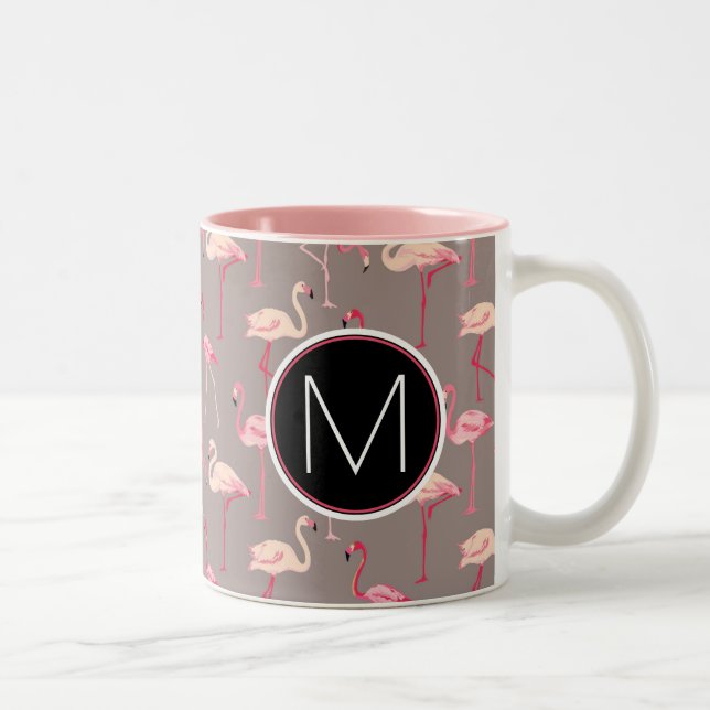 Caneca De Café Em Dois Tons Monograma retro dos flamingos | (Direita)