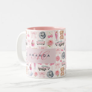 Caneca De Café Em Dois Tons Monograma Rosa Bege Bola de Discoteca Retrô Coquet
