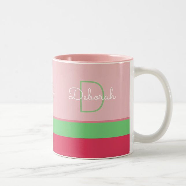 Caneca De Café Em Dois Tons monograma rosa e verde personalizado com faixas (Direita)