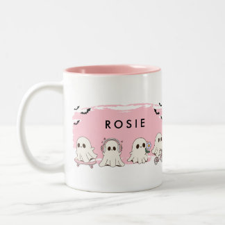 Caneca De Café Em Dois Tons Monograma Rosa-Rosa-Rosa-do-Halloween Fantasmas Sp