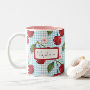 Caneca De Café Em Dois Tons Monograma Rustic Blue Gingham E Cereries