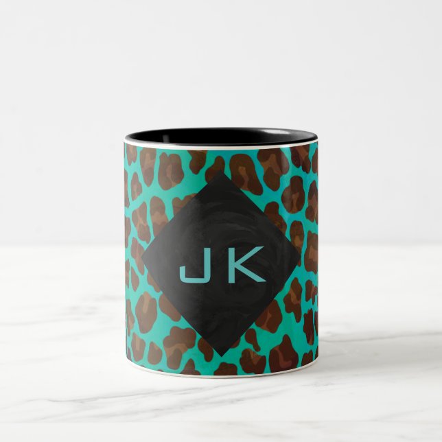 Caneca De Café Em Dois Tons Monograma Teal e Brown Leopardo (Centro)
