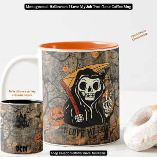Caneca De Café Em Dois Tons Monogramas Halloween Eu Amo Meu Trabalho