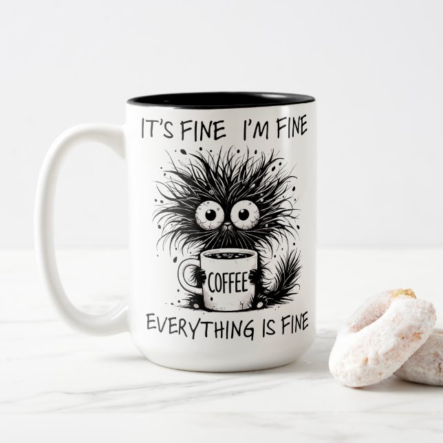 Caneca De Café Em Dois Tons Monstro do Café Cansado Engraçado Tudo Bem (Com Donut)
