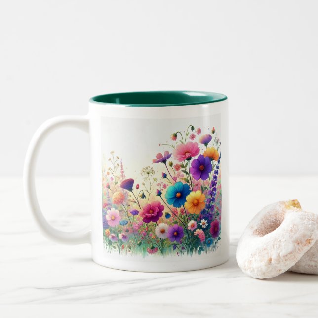 Caneca De Café Em Dois Tons Montanheira de Flores Selvagens Personalizável (Com Donut)