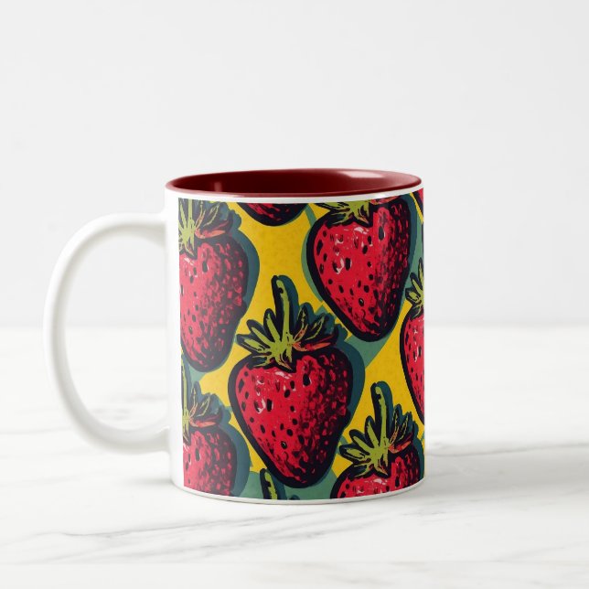 Caneca De Café Em Dois Tons Morango Padrão Fruitário Berry Morango F (Esquerda)