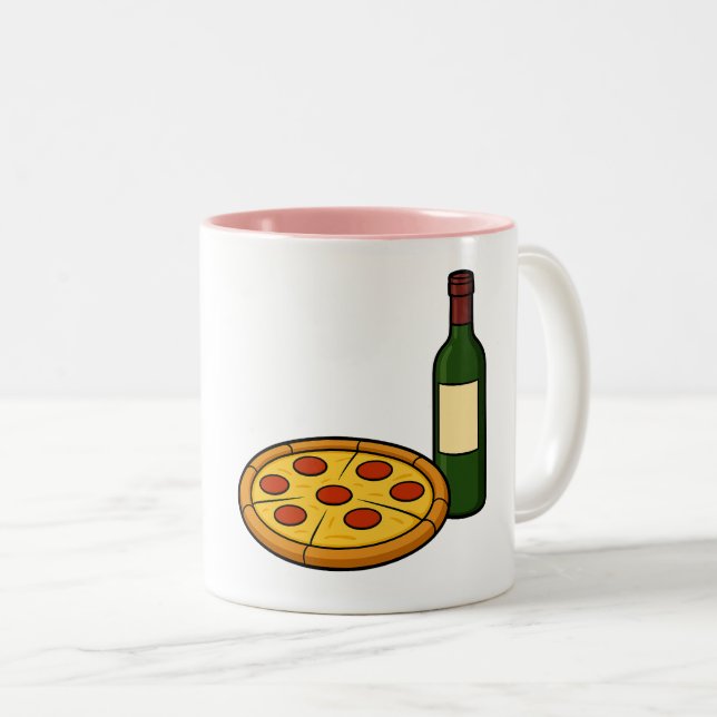 Caneca De Café Em Dois Tons Morena desfrutando vinho e pizza (Frente Esquerda)
