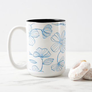Caneca De Café Em Dois Tons Motivo de Elegância Floral Moderna com Contorno Az