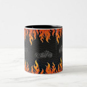 Caneca De Café Em Dois Tons Moto de couro preto chamas laranja fogo quente