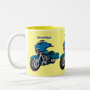 Caneca De Café Em Dois Tons Moto de desenho animado azul feliz fofa